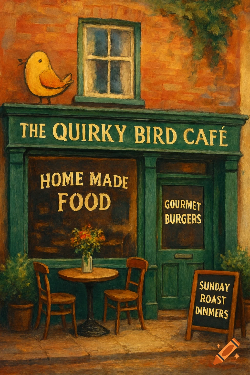 Painted facade of 'The Quirky Bird Cafe' with food signs and a yellow bird above the entrance.