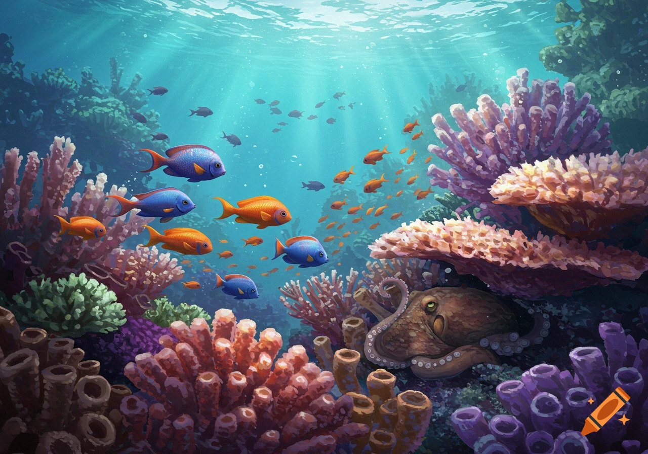 Vibrant underwater scene with colorful fish swimming among coral and a hiding octopus, digital painting.