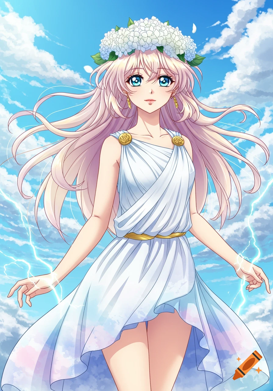 Anime girl like Greek goddess in white dress generating lightning against sky.