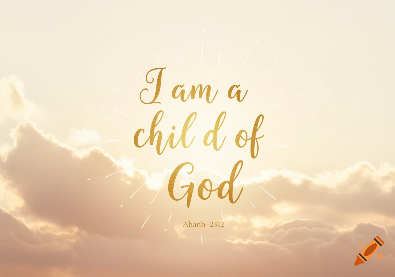 Golden text 'I am a child of God' on a cloudy sky background.