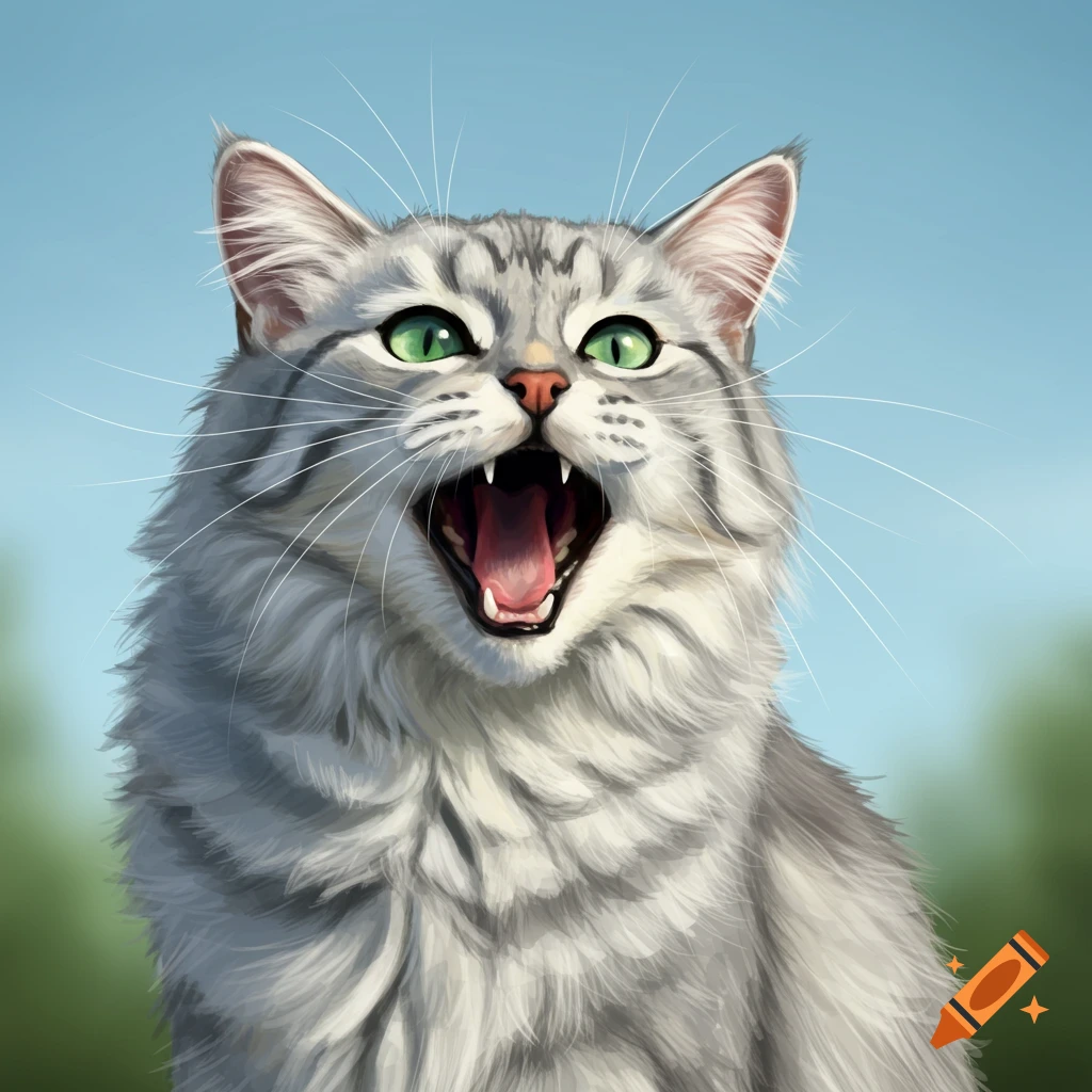 Close-up illustration of a grey tabby cat with green eyes meowing