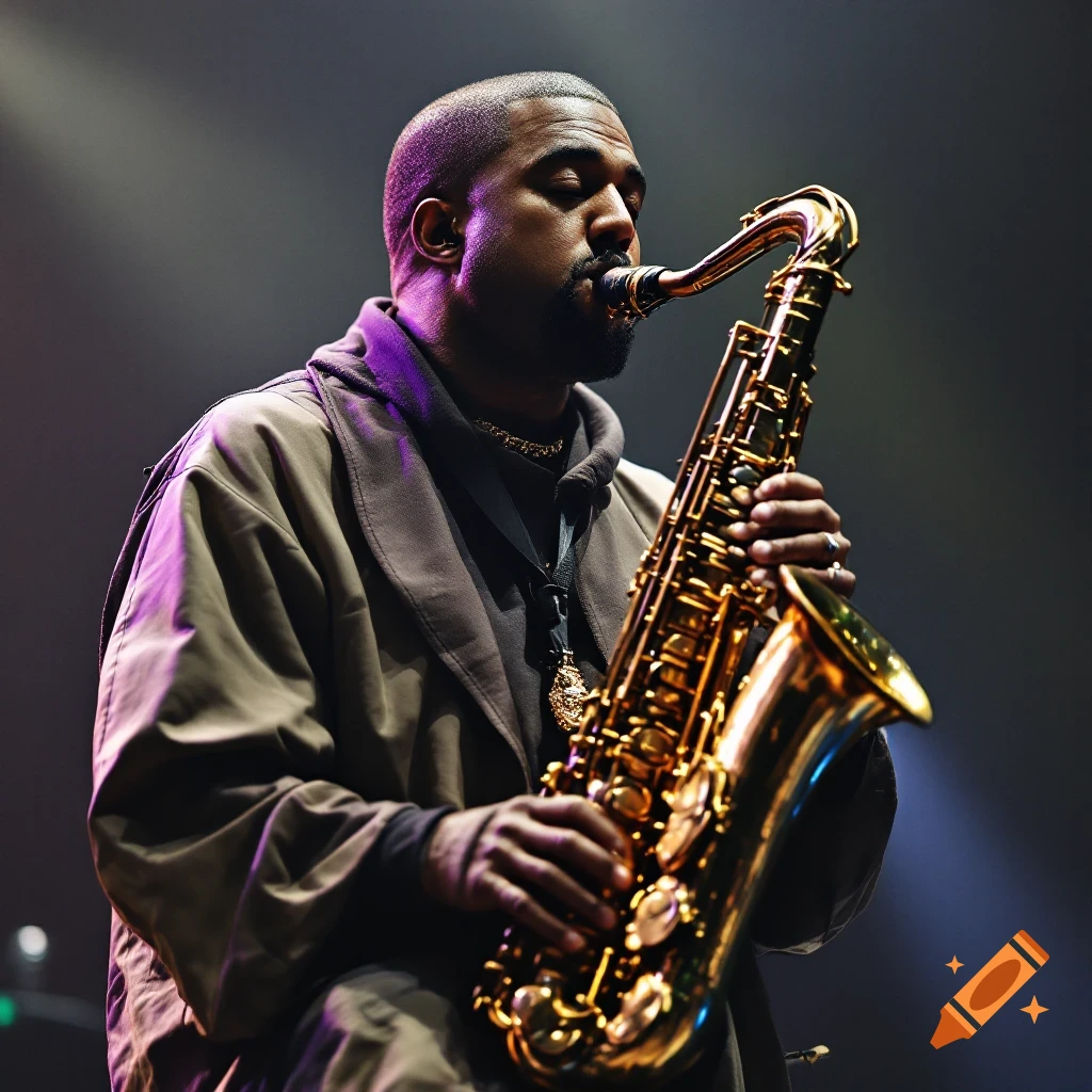 Kanye West playing a saxophone on stage