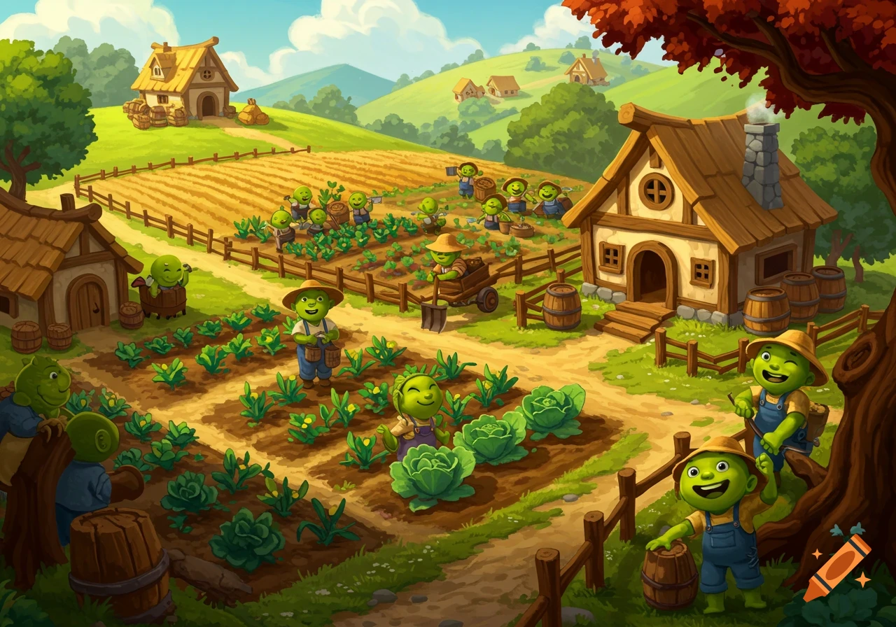 A stylized illustration of green, cartoon-like creatures farming cabbage and corn in a sunny village setting.