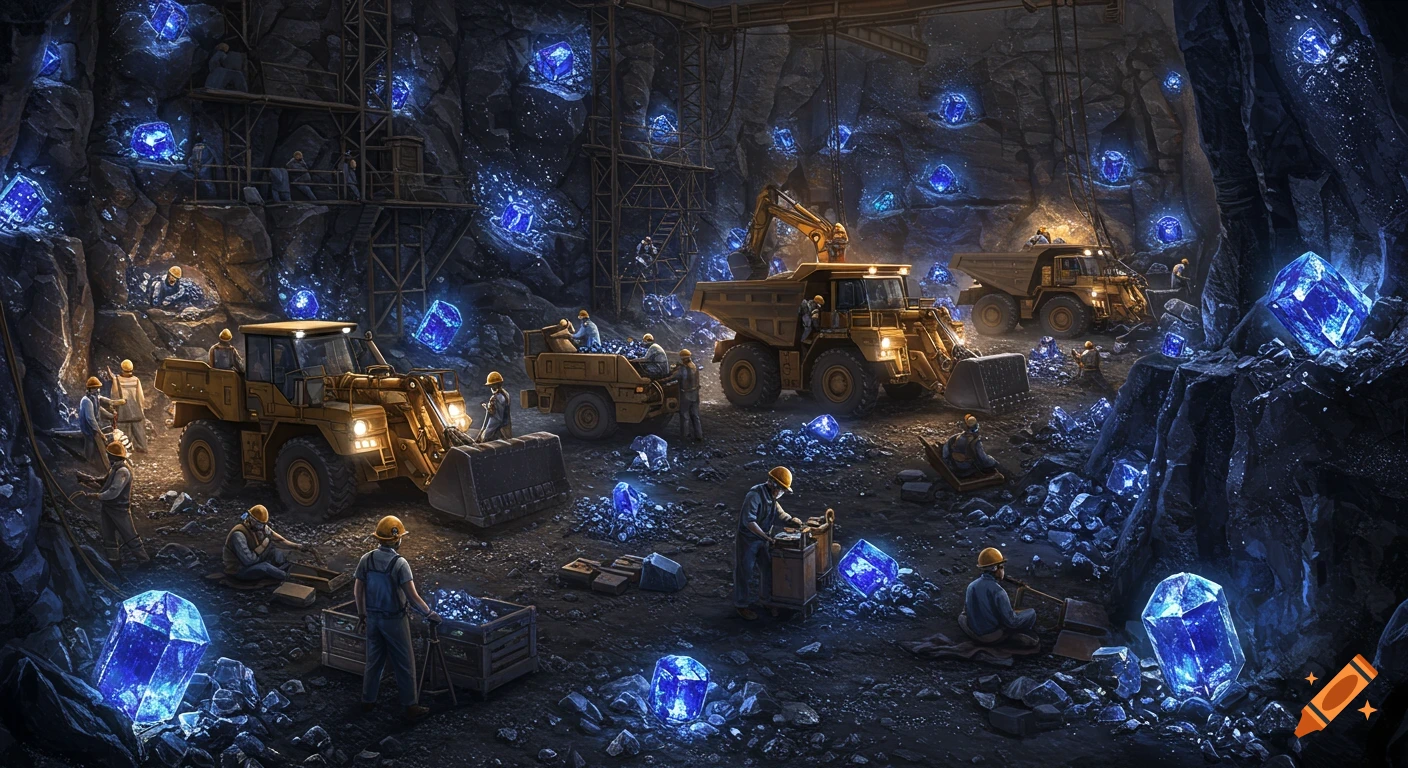 A fantasy mine scene with workers, large mining machines, and giant glowing blue crystals.