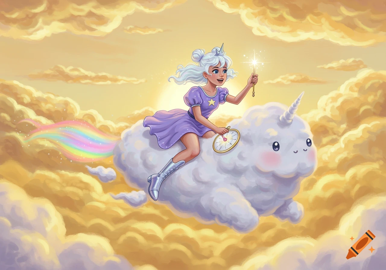 A girl with white hair rides a cloud shaped like a unicorn through golden clouds, holding a glowing compass.