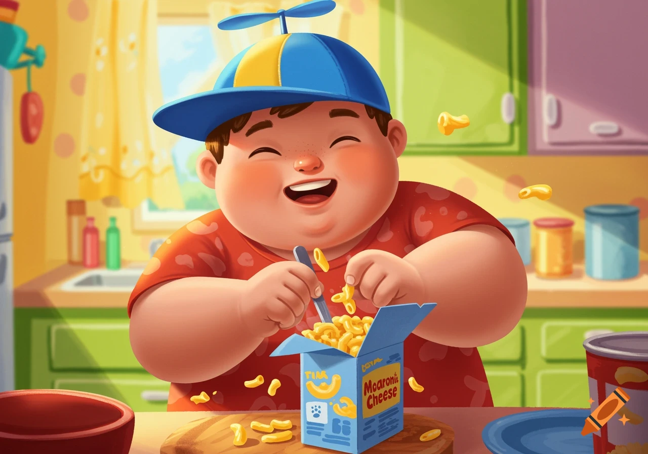 Illustration of a boy with a propeller hat eating macaroni and cheese in a kitchen