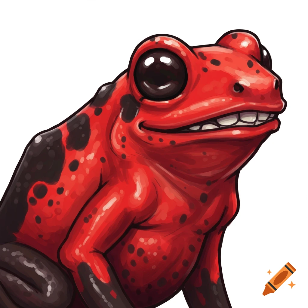 A smiling red and black cartoon frog.
