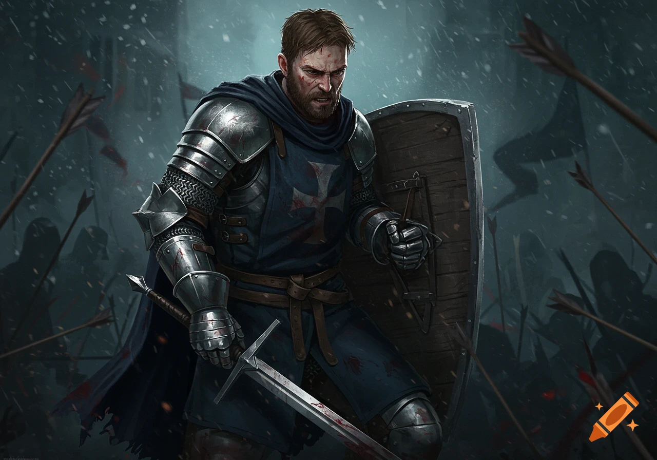 A weathered knight in plate armor and chainmail holds a shield against a barrage of arrows in a snowy battle, gripping a sword.
