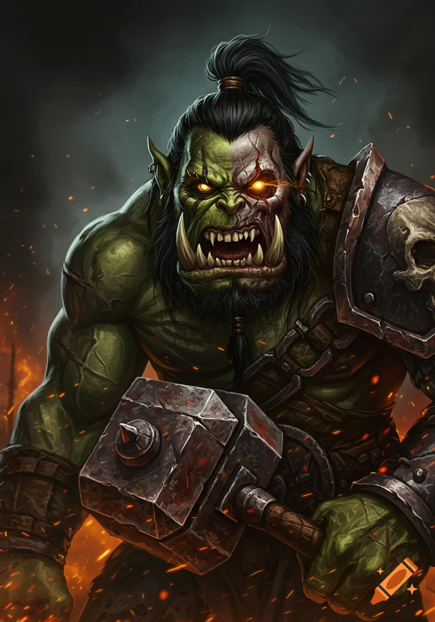 Detailed illustration of an angry green fantasy orc with glowing eyes holding a large hammer against a fiery background.