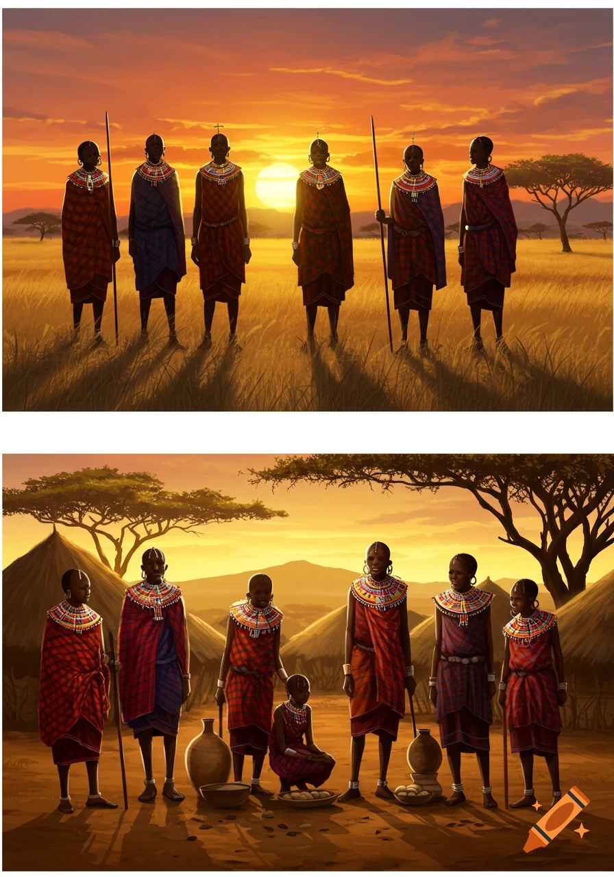 Two paintings showing Maasai people, one at sunset in the savanna, the other in a village.