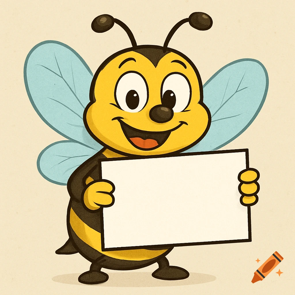 A happy cartoon bee holding a blank sign.