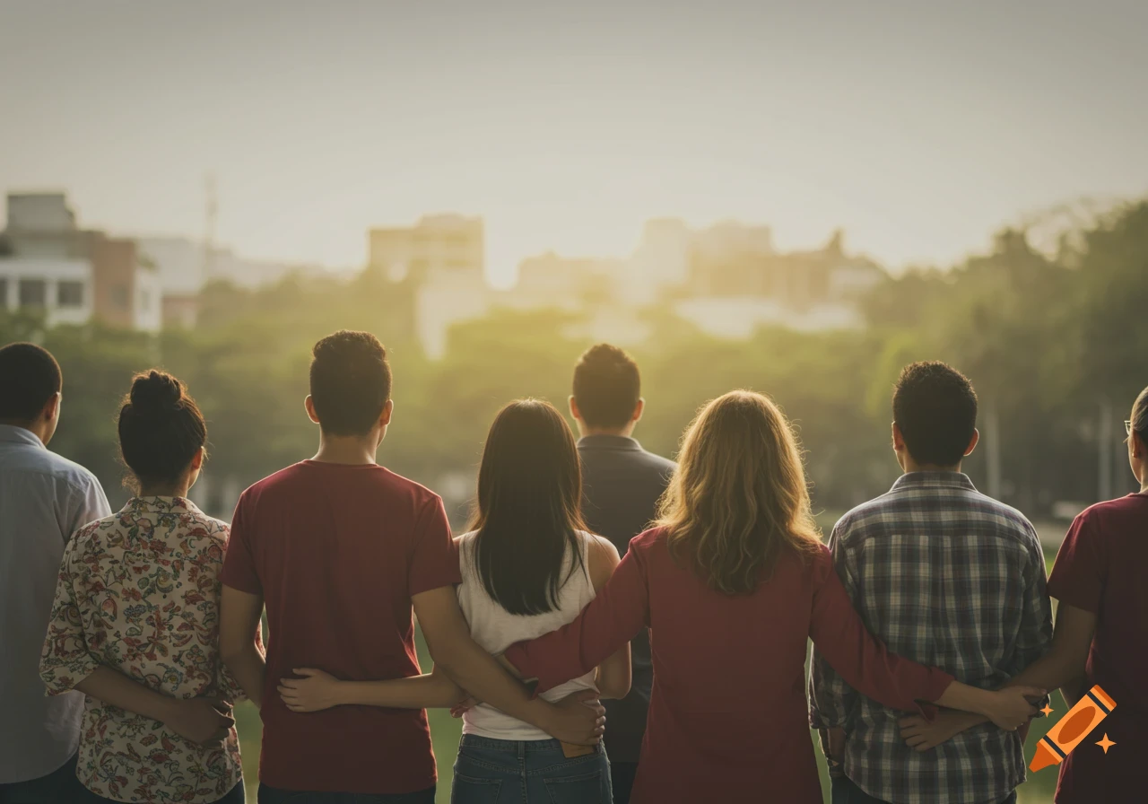 A diverse group of people stand with their backs to the camera, arms linked, watching the sun set over a landscape.
