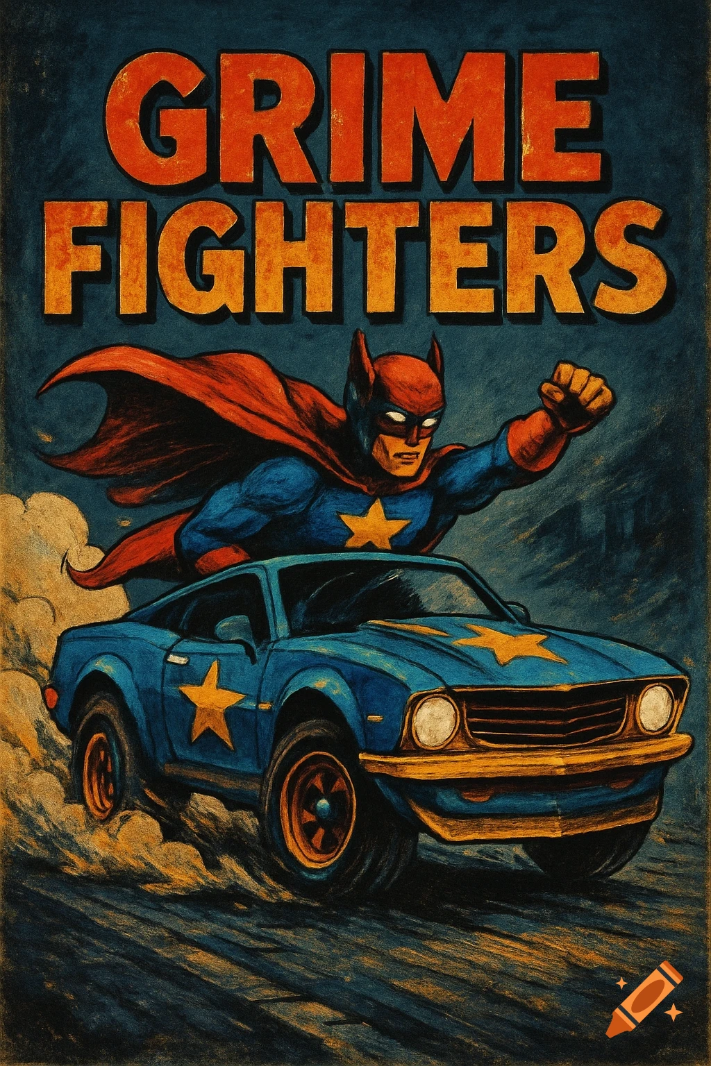 Retro comic book style poster of a superhero in a blue car with GRIME FIGHTERS text.