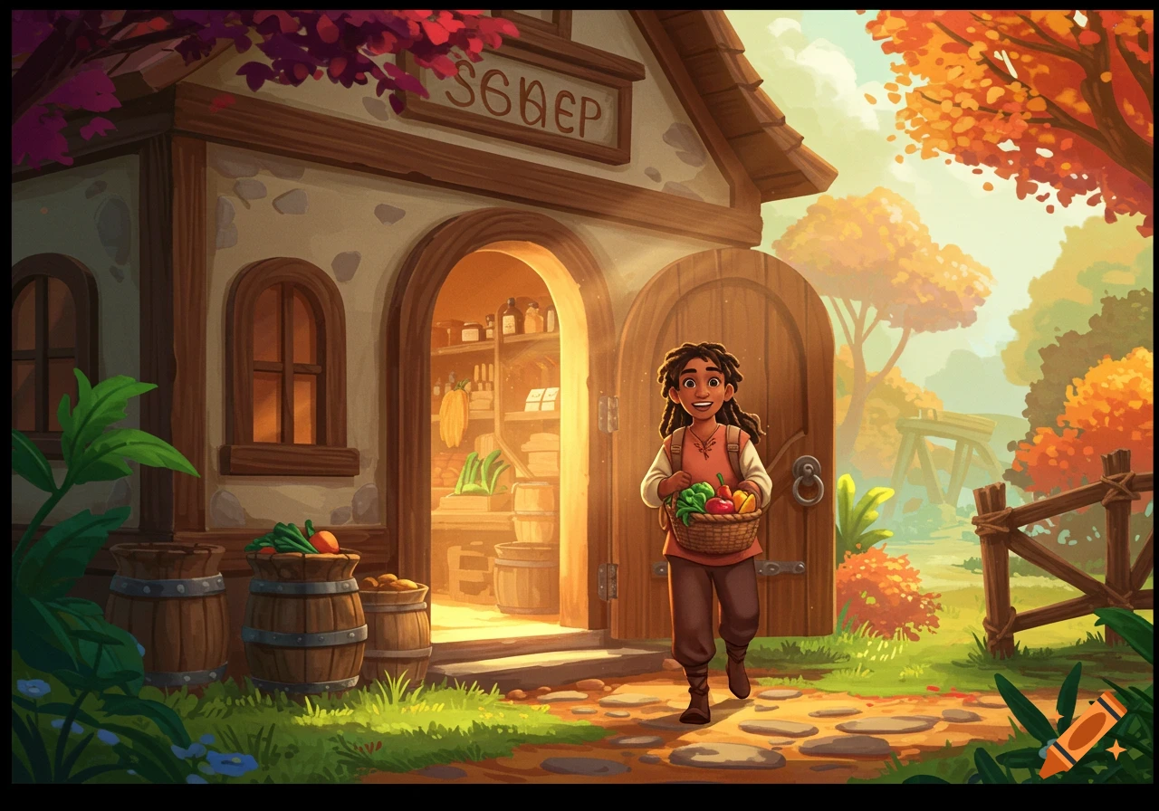 A child carries a basket of vegetables from a fantasy shop in an autumnal setting. Illustrated style.