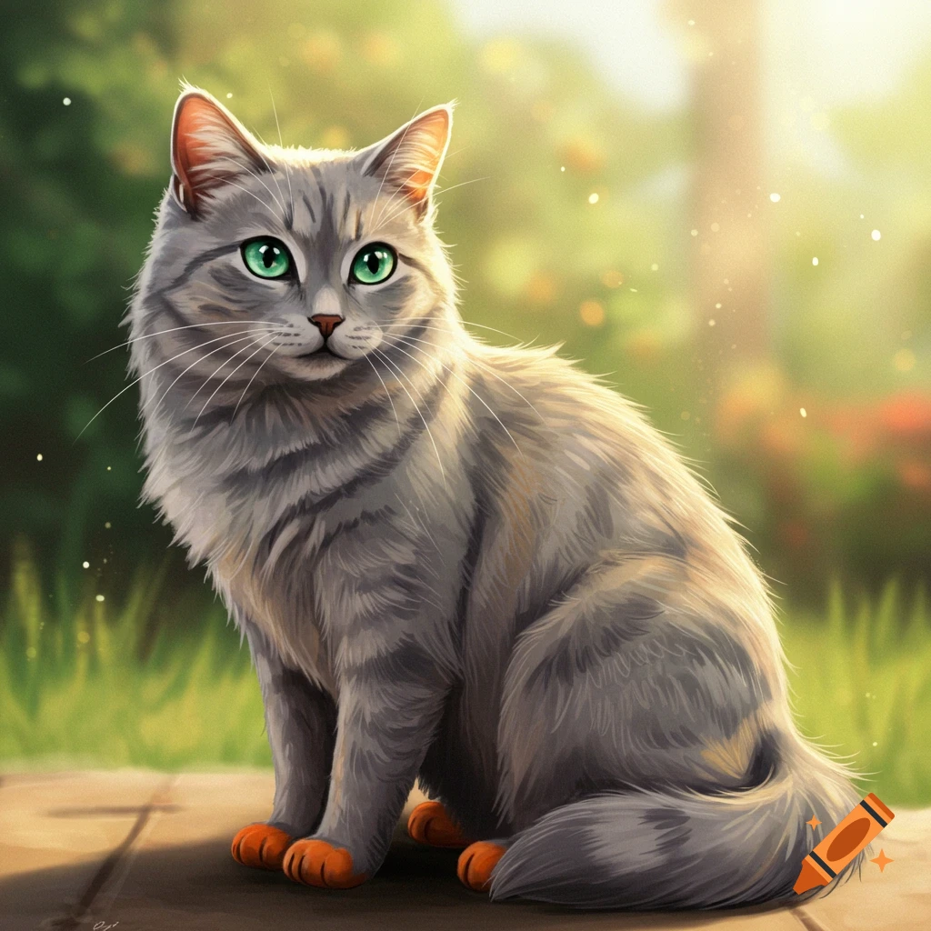 A grey cat with green eyes and bright orange paws sits in a sunny garden illustration.