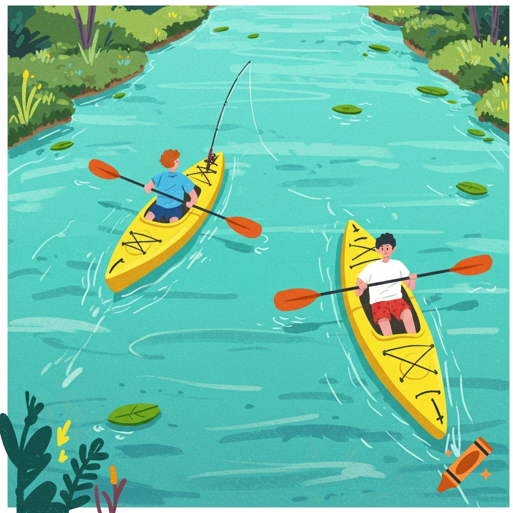 Two people kayaking on a river with lily pads in a simple illustration style.