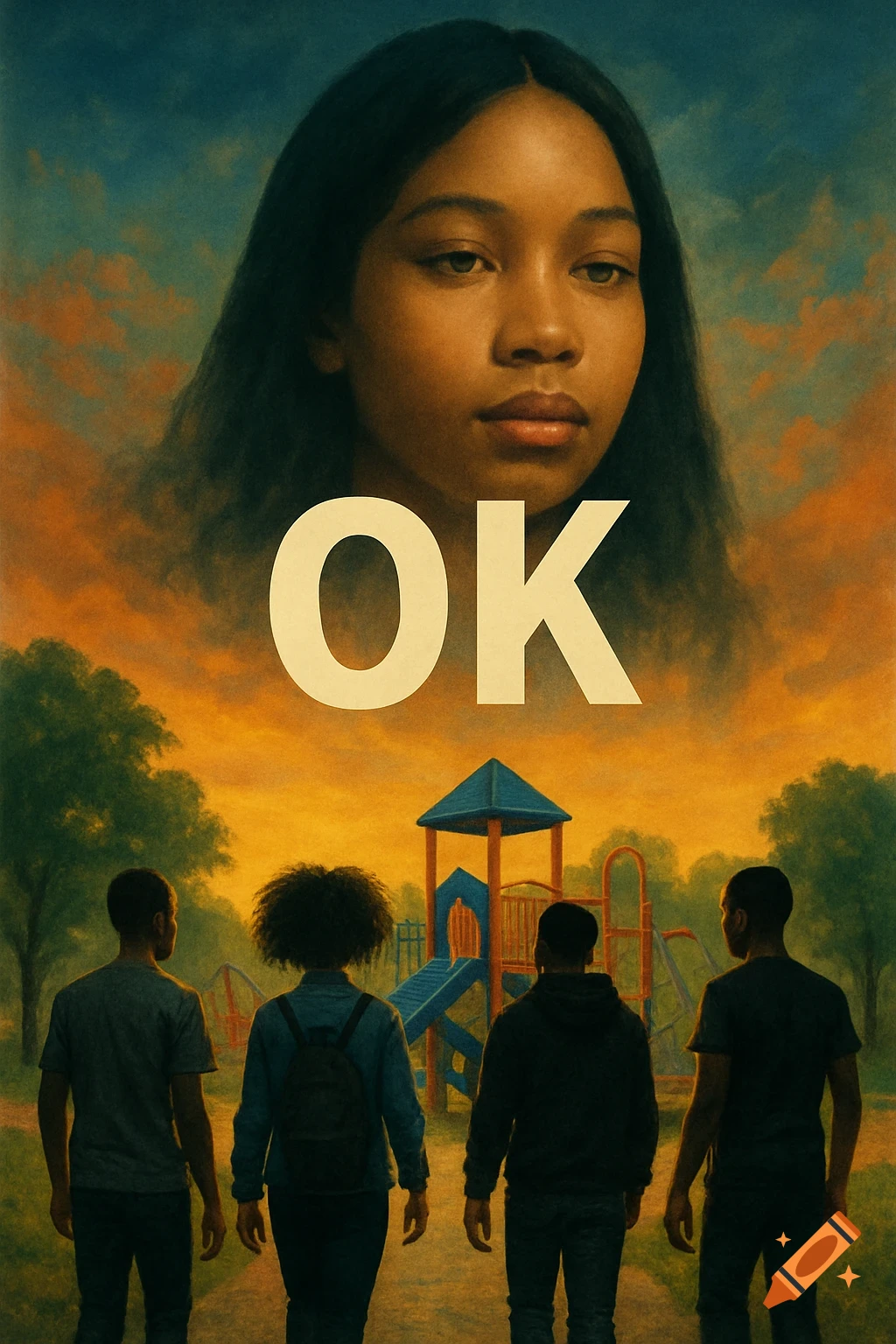 Illustrative movie poster with large face in sky, four people walk toward playground at sunset with text "OK".