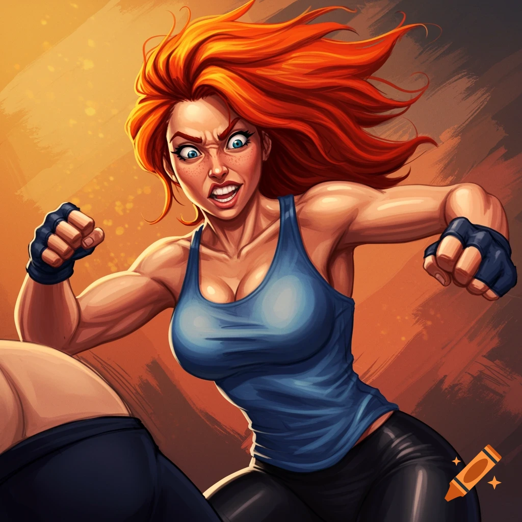 Illustration of a muscular woman with red hair in a blue tank top and gloves, punching
