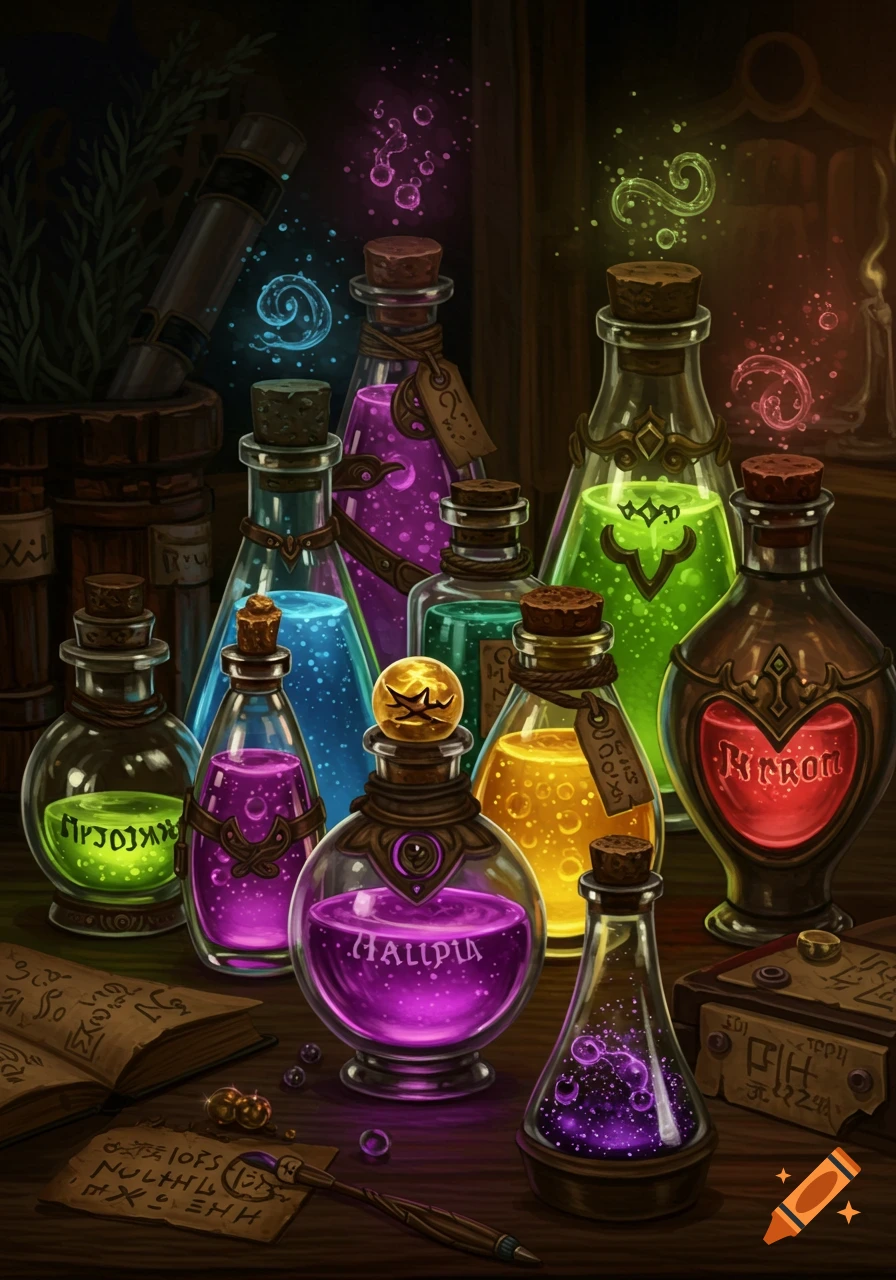 Glowing colorful potions in ornate bottles on a table with books and alchemy items in a fantasy art style.