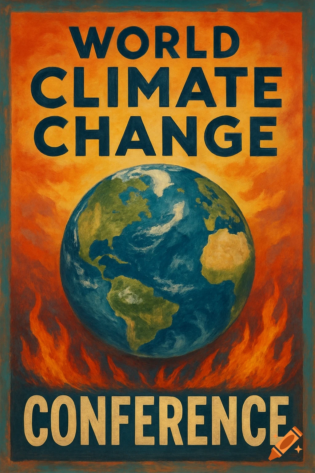 A stylized poster shows the Earth surrounded by flames, with the text "WORLD CLIMATE CHANGE CONFERENCE" above and below.