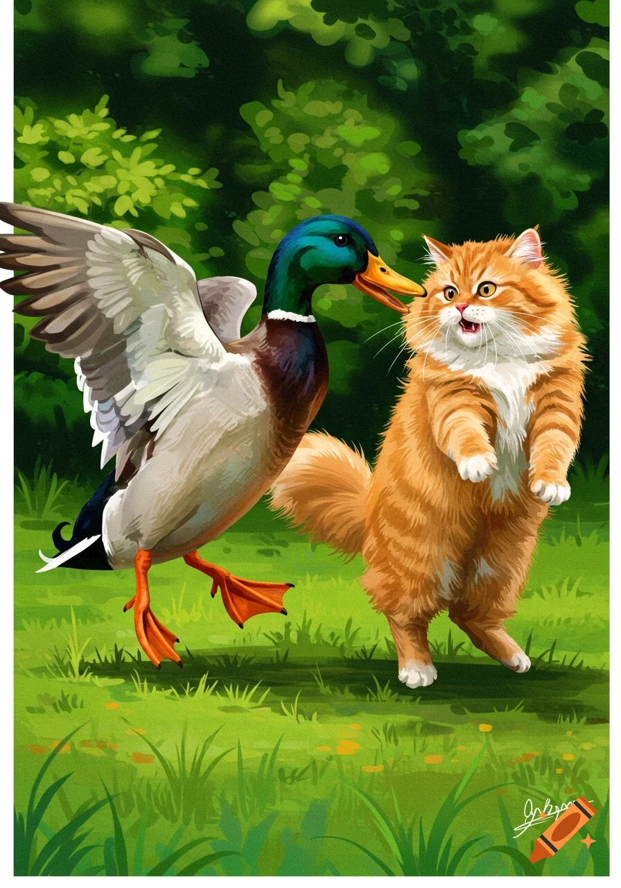 A mallard duck confronts a surprised orange cat in a grassy field, illustration style.
