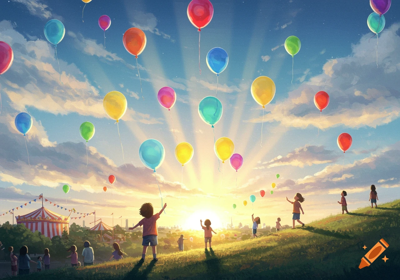 Children release colorful balloons into the sky at sunset near a carnival tent on a grassy hill.