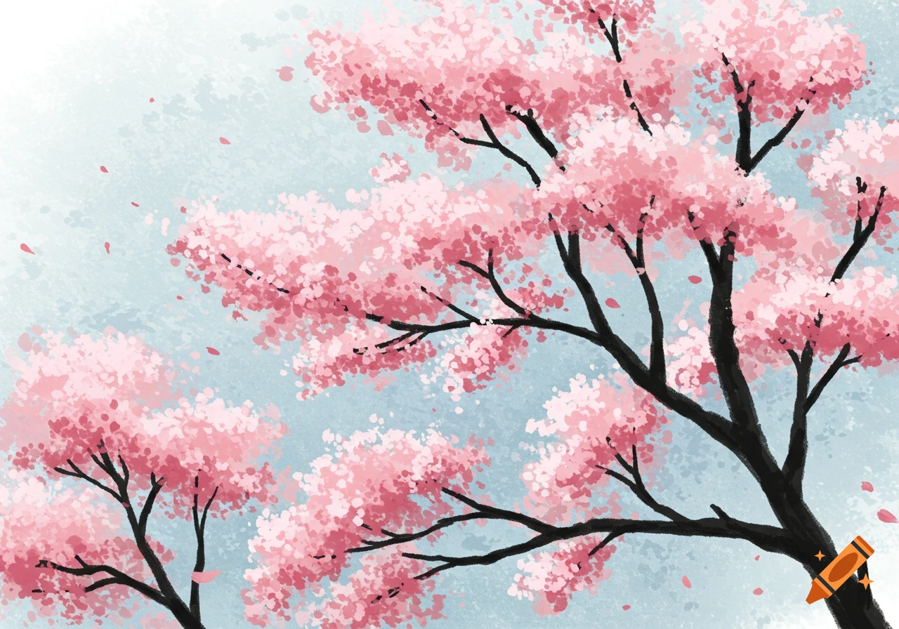 Ink wash style illustration of pink cherry blossom trees.