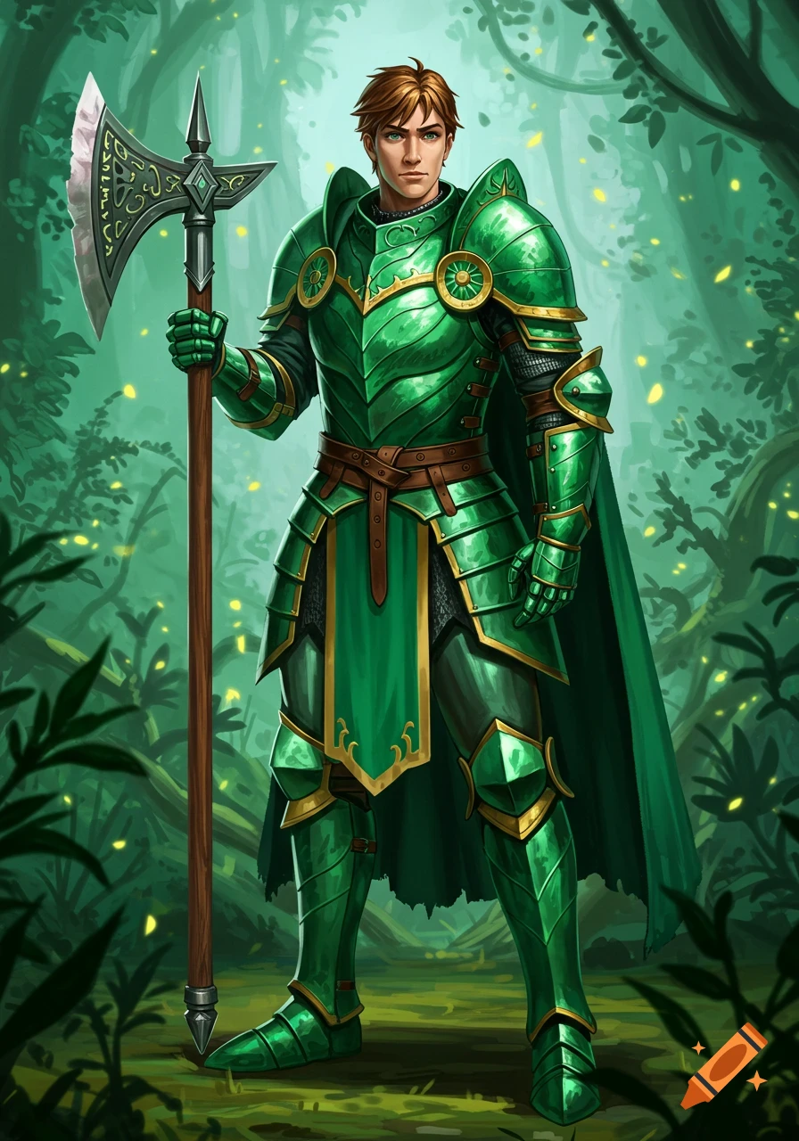 A knight in green armor holds an axe in a forest.