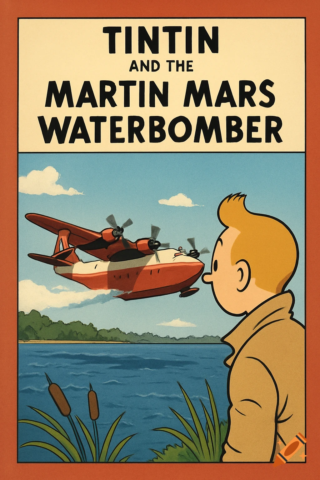 Tintin character looks at a red and white seaplane flying over a lake, comic cover style