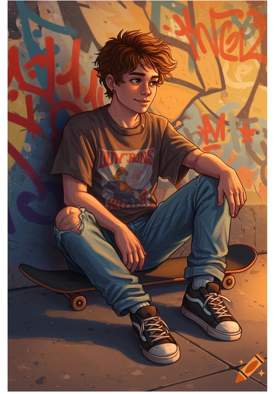 Illustration of a teenage boy sitting on a skateboard in front of a graffiti wall.