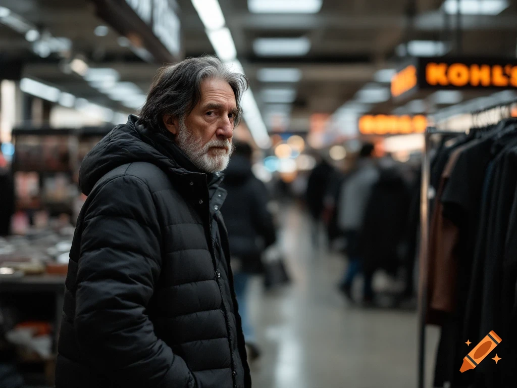 An elderly man with a beard and black puffer coat looks to the side in a blurred department store aisle.