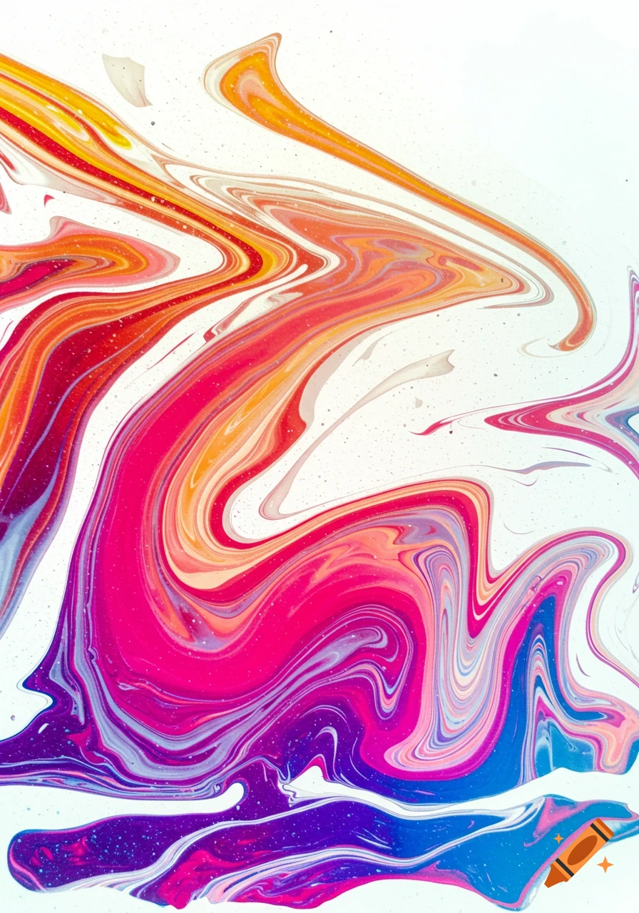 Abstract fluid art swirls in bright pink, orange, purple, and blue on a white background.