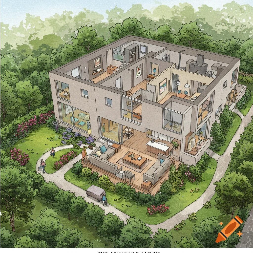 Illustrated cross-section of a modern house layout with garden.