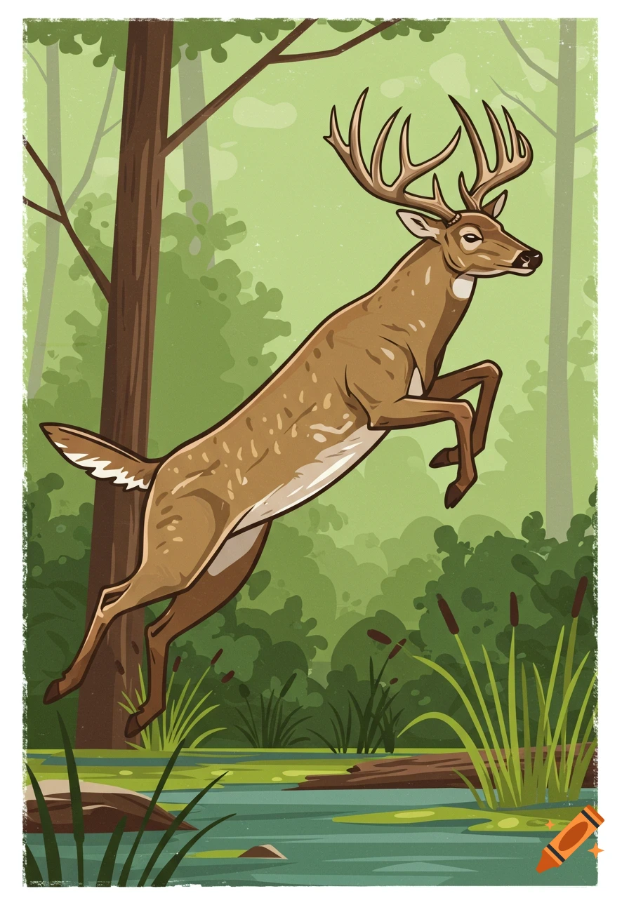 Illustration of a deer jumping over water in a forest.
