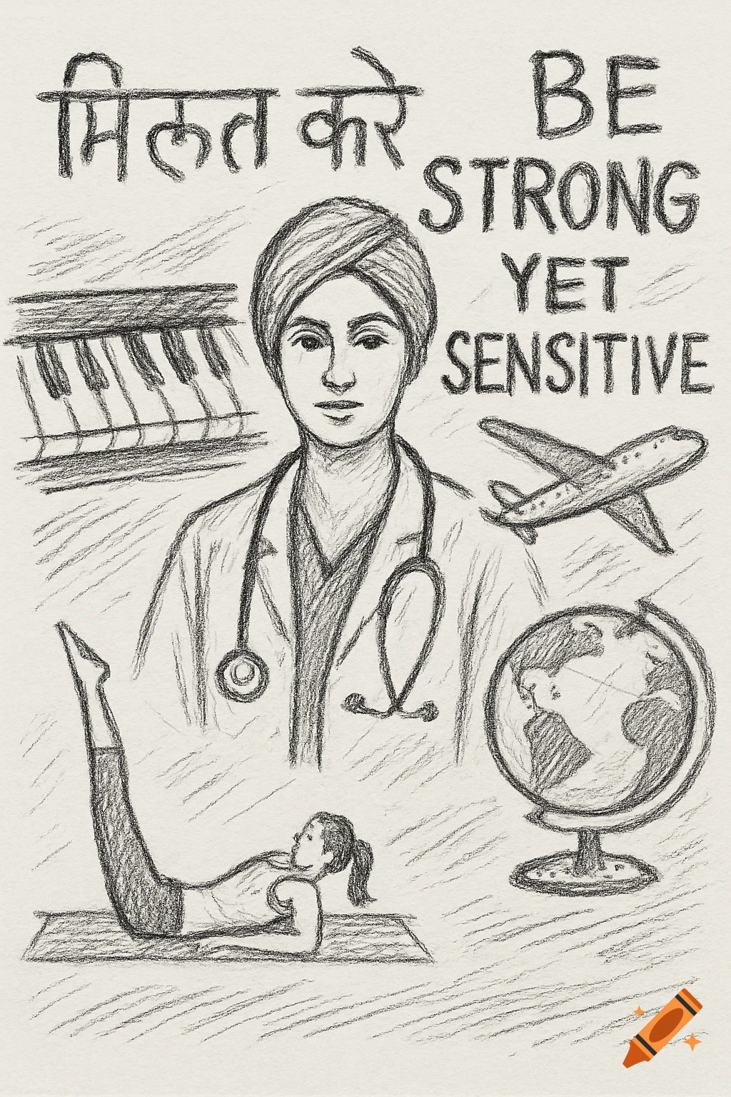 Sketch of a Sikh woman doctor with piano, yoga pose, globe, airplane, and text 'BE STRONG YET SENSITIVE' and Gurmukhi.