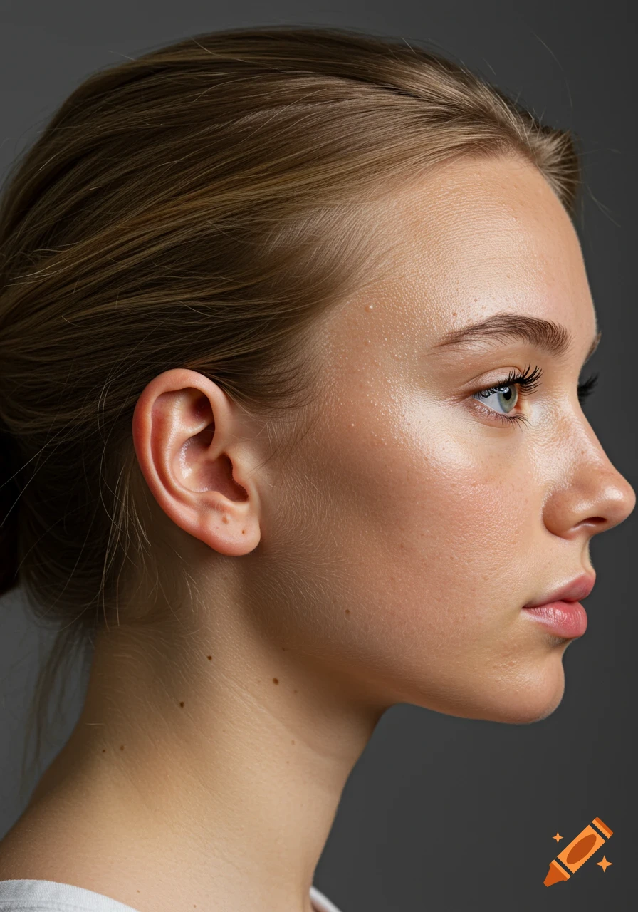 Photorealistic close-up side profile portrait of a young woman. on Craiyon