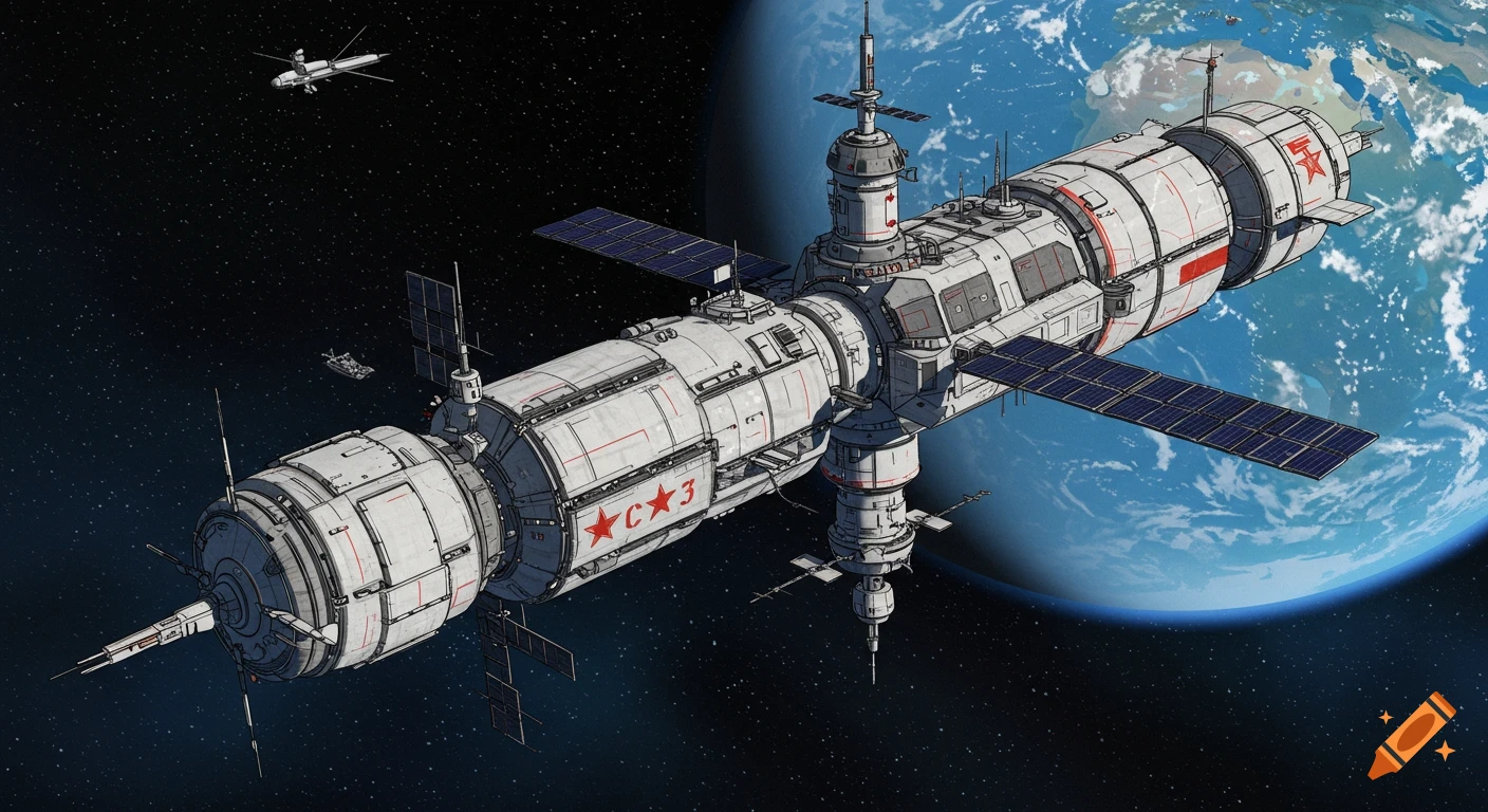 A large space station with red stars orbits Earth in space. Other spacecraft are visible.