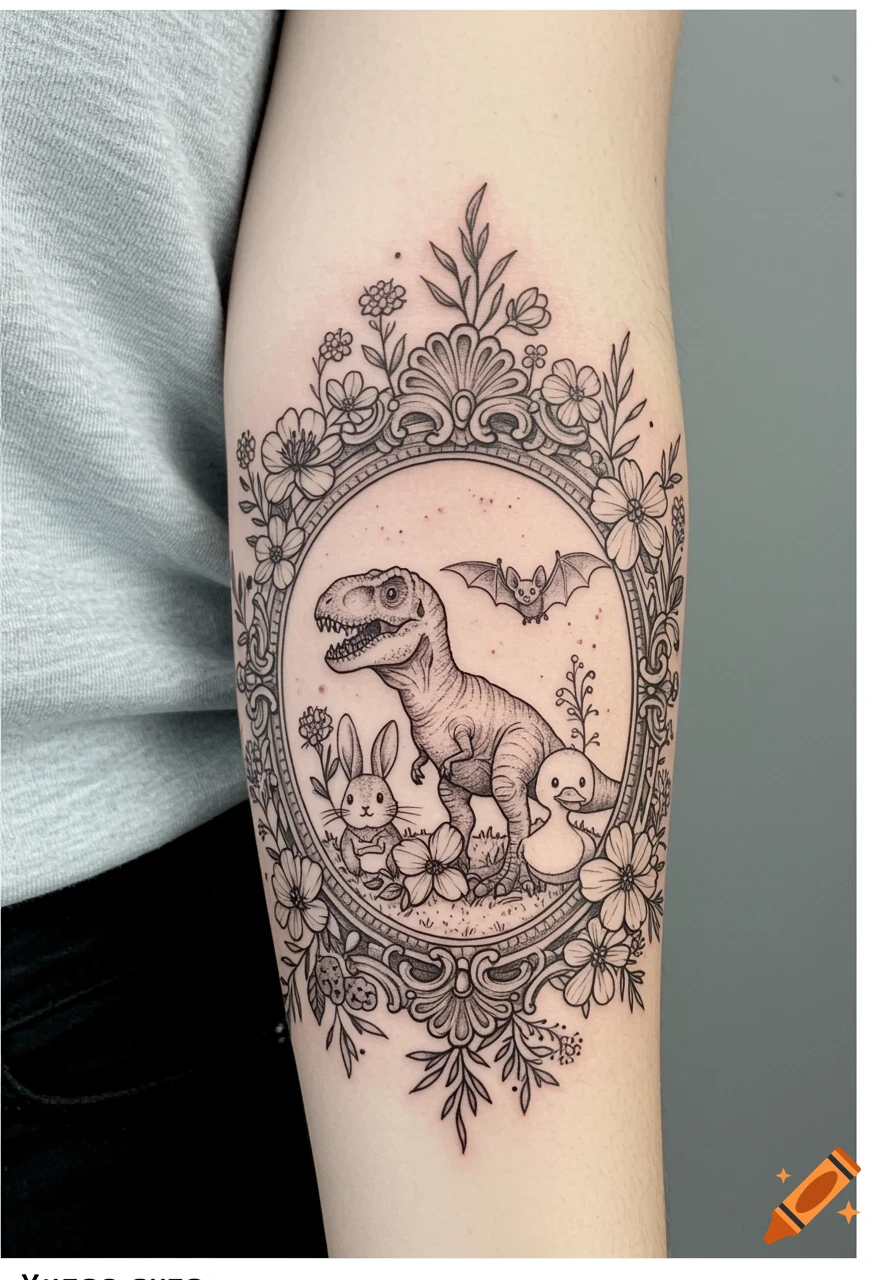 Black and grey tattoo of a T-Rex, bunny, duck, and bat in a gothic floral frame on a forearm.