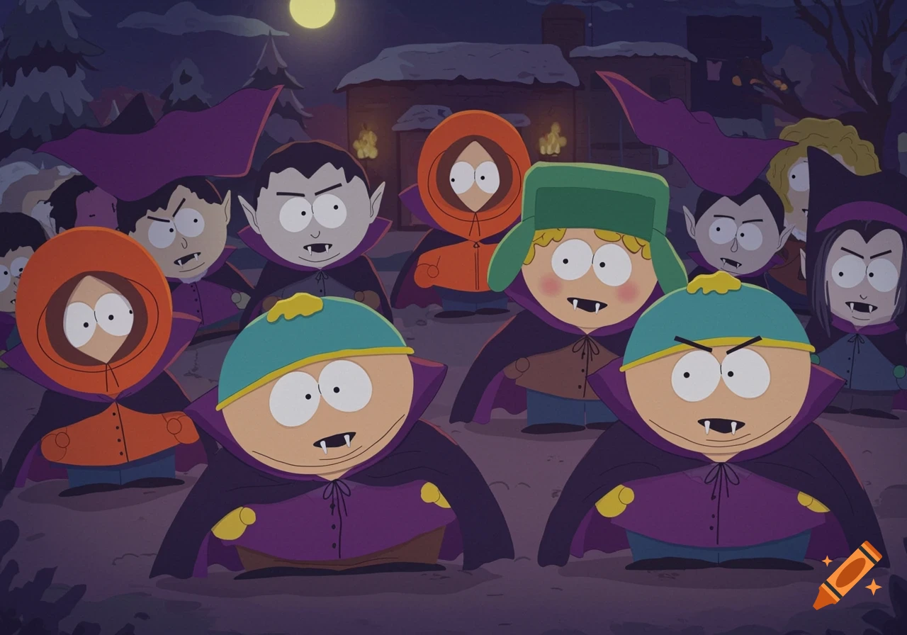 South Park characters Cartman, Kyle, Stan, and others dressed as vampires with capes at night in a snowy setting.