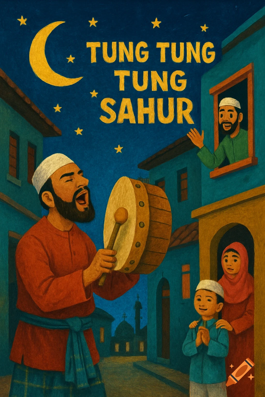 Illustration of people celebrating Sahur with drum, text in sky, crescent moon.