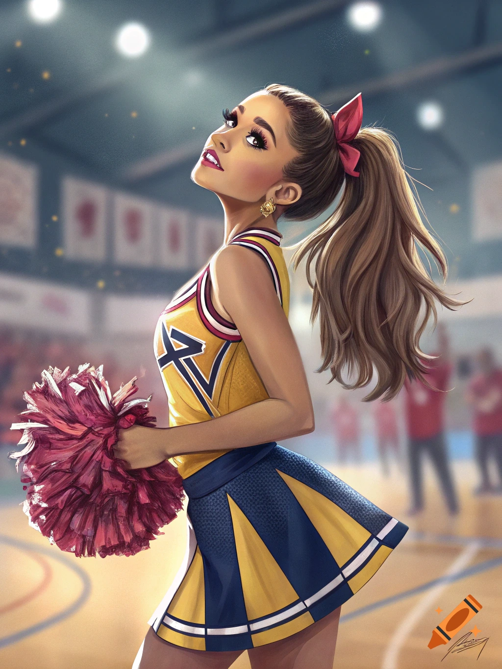 Illustration of a cheerleader in a yellow and blue uniform holding a red pom-pom in a sports stadium.