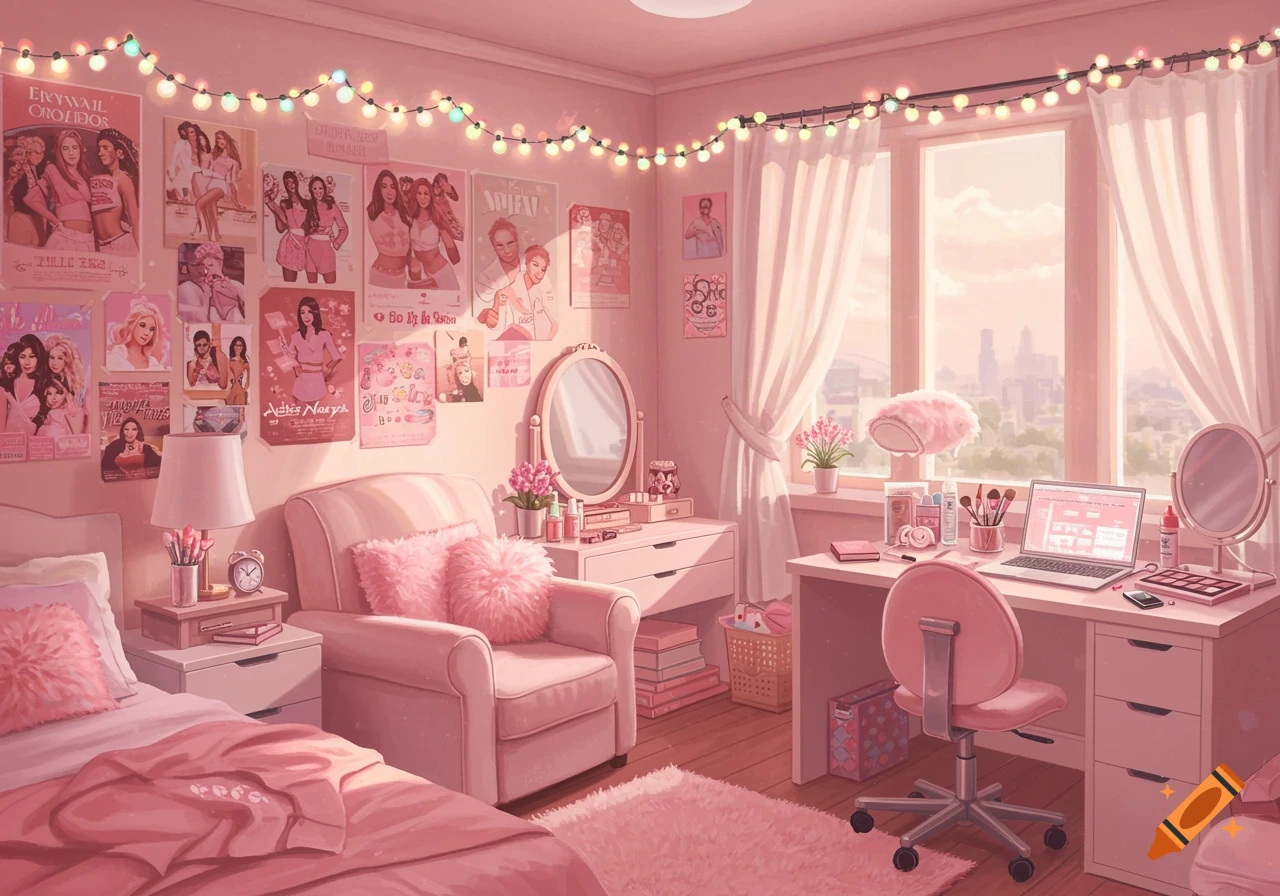 A cozy teen girl's bedroom decorated in pink, featuring string lights, posters, a bed, armchair, and desk with a laptop.