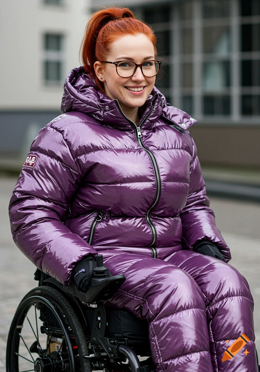 Smiling woman with red ponytail and glasses in purple shiny puffer suit seated in a wheelchair outdoors.