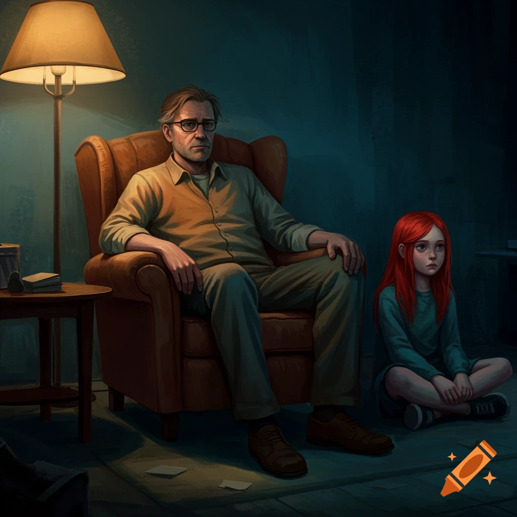 A man sits in an armchair while a young girl sits on the floor beside him in a dim room.