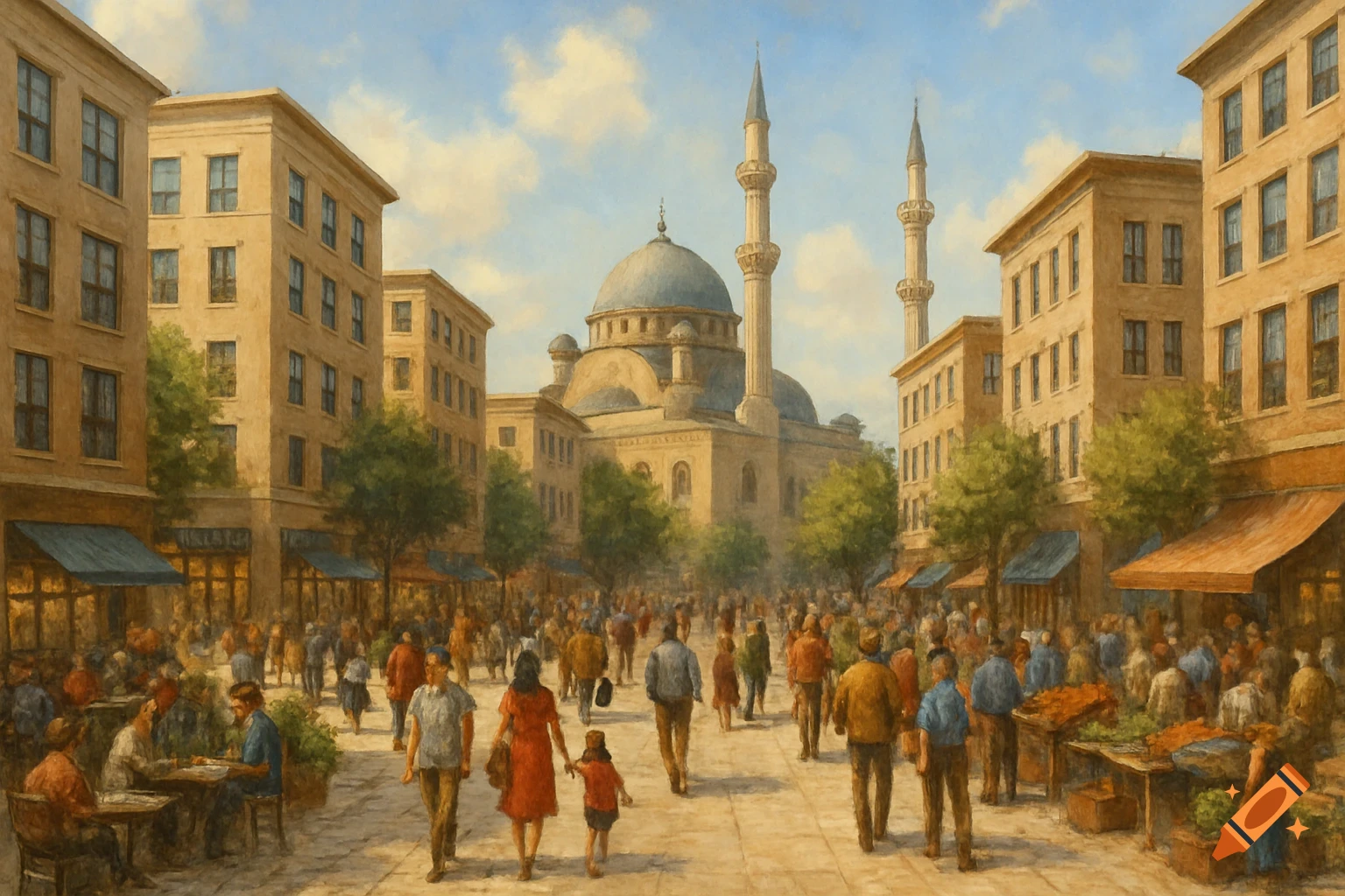 A bustling marketplace scene with a mosque and minarets, rendered in a painterly style.