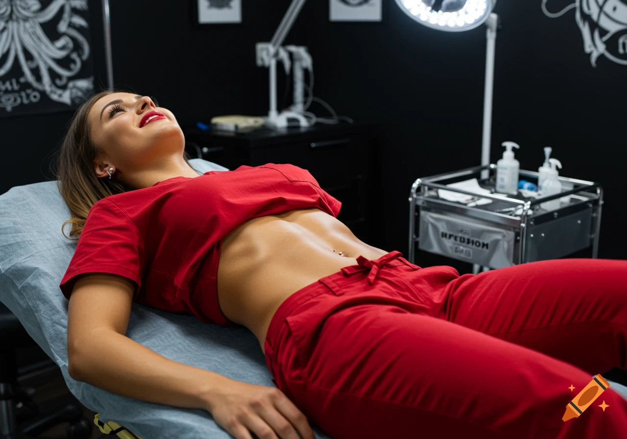 Woman in red scrubs lying on a table in a piercing parlor, showing her stomach.