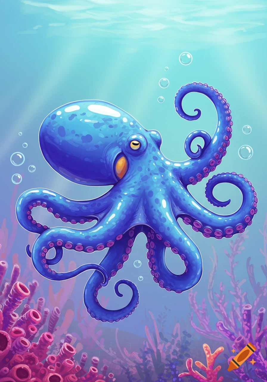Cartoon illustration of a blue octopus swimming among pink coral underwater.