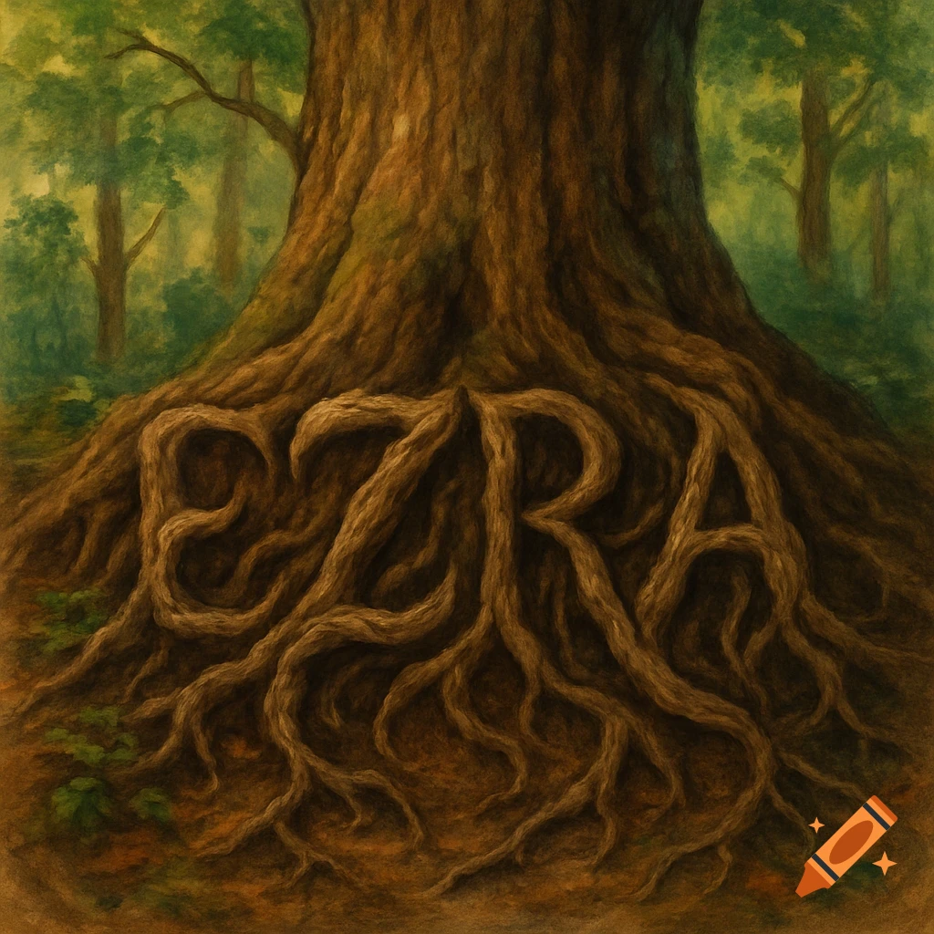 Painterly image of a large tree base with roots forming the word EZRA in a forest.
