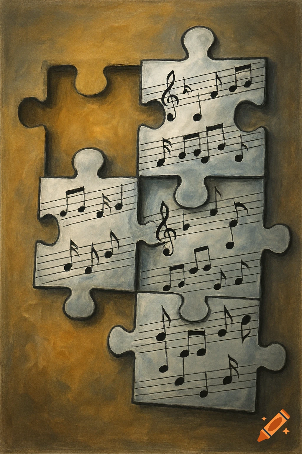 Painterly illustration of puzzle pieces with musical notes, one piece missing