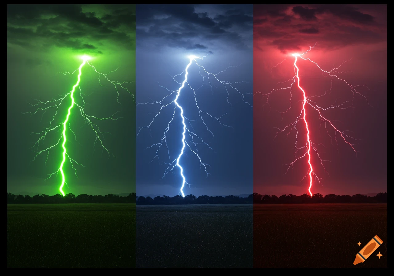 Three panels show a field under a stormy sky with green, blue, and red lightning bolts.